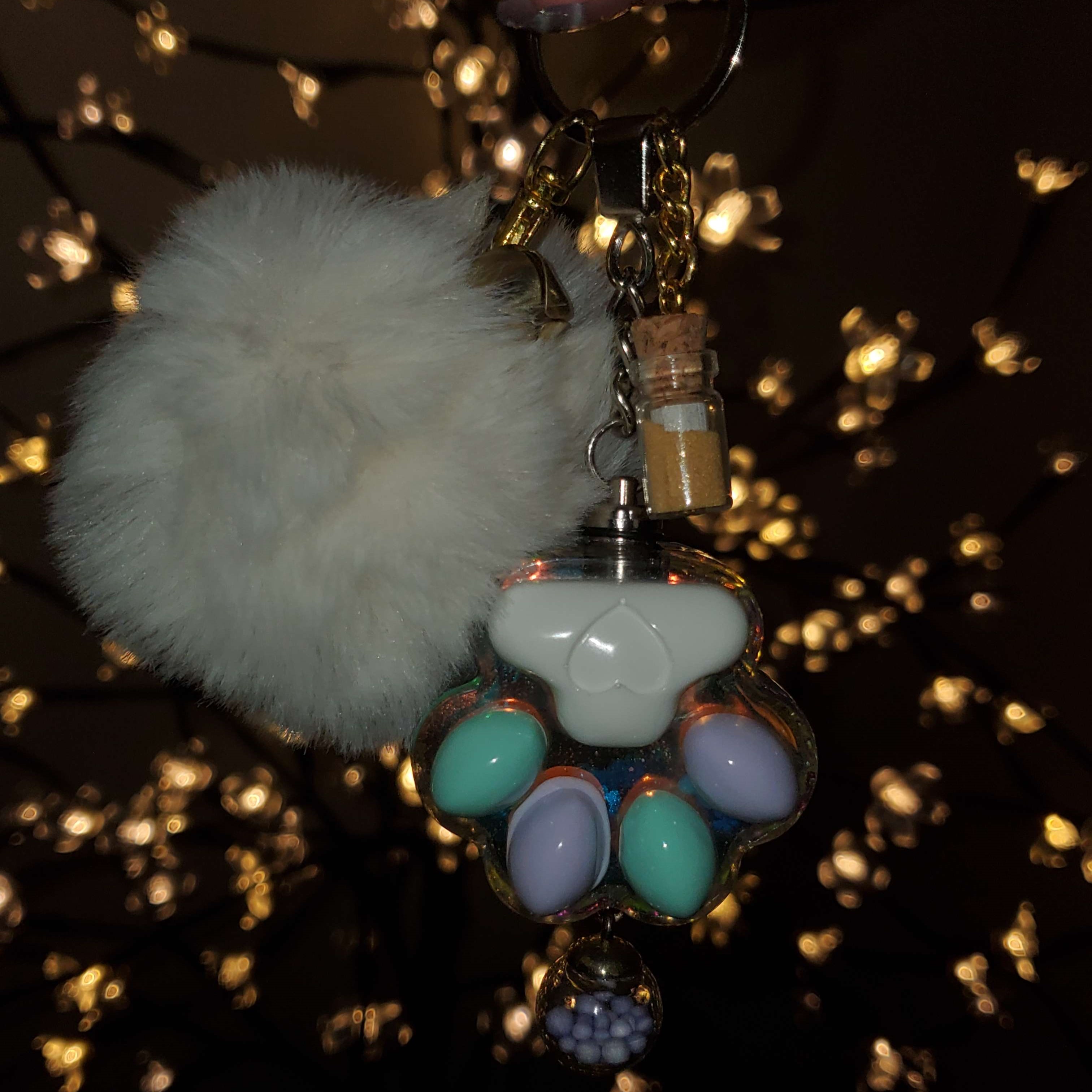 Glossy LED Paw Keychain With Pompom + Jingle Bell + Message In A Bottle + Orb Tassel