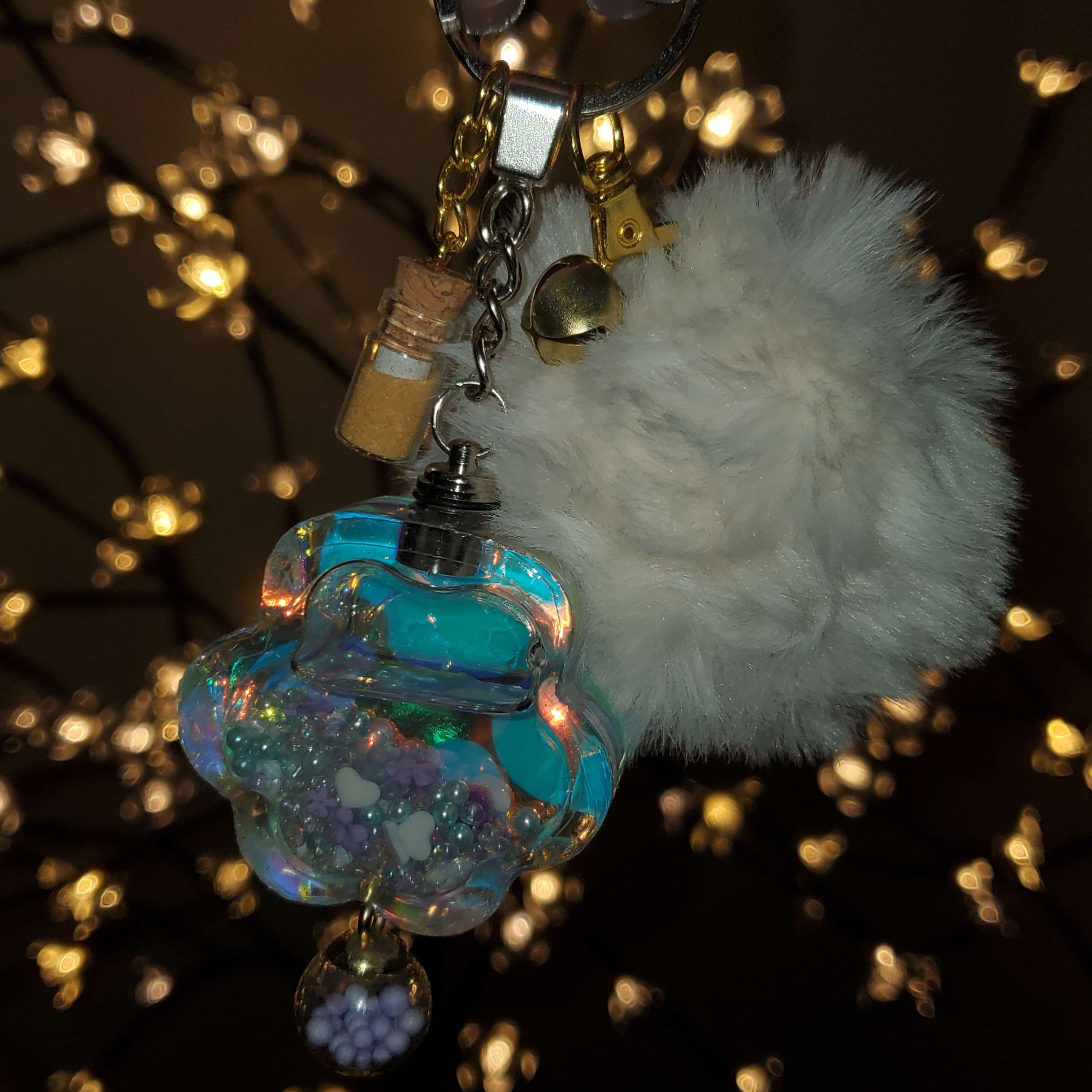 Glossy LED Paw Keychain With Pompom + Jingle Bell + Message In A Bottle + Orb Tassel