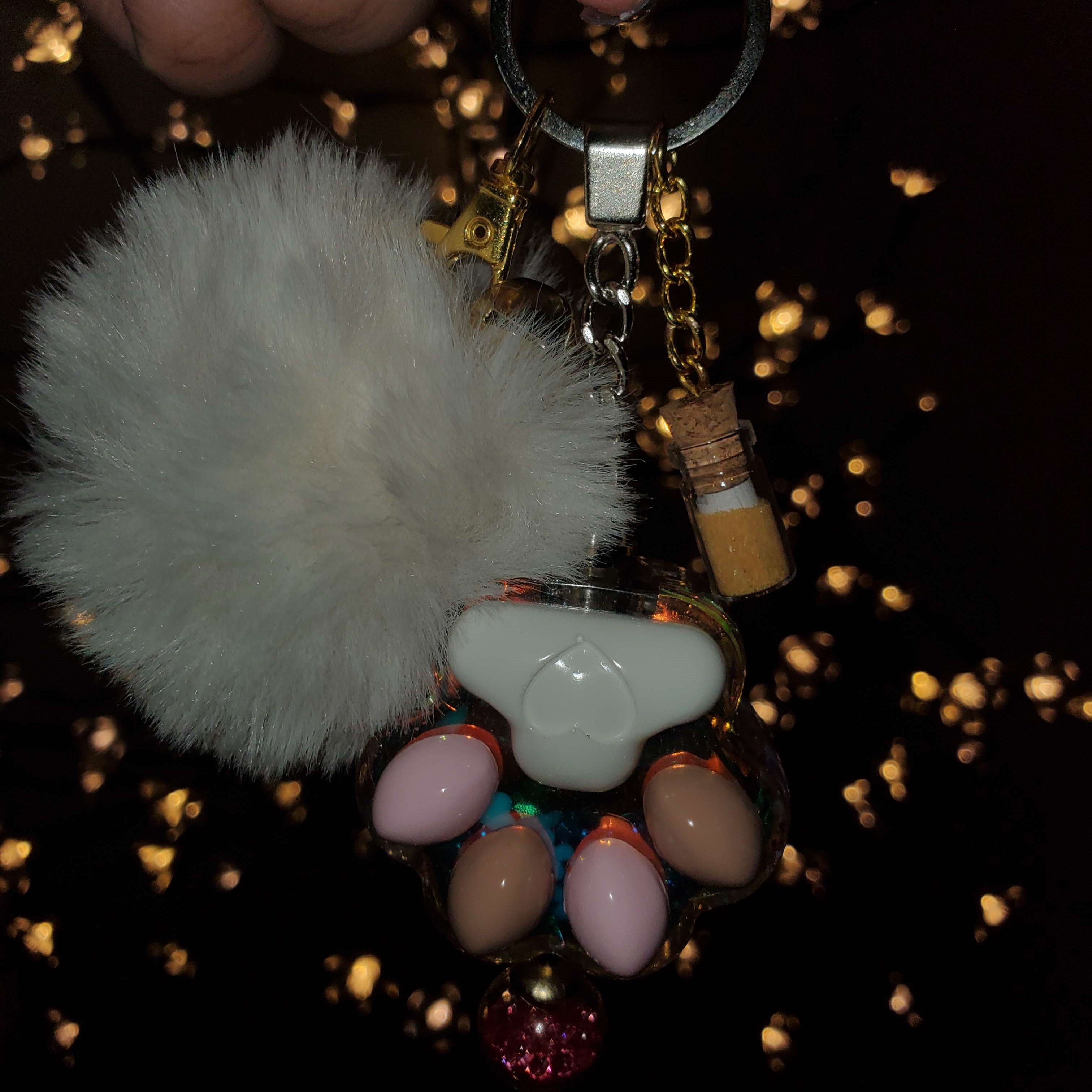 Glossy LED Paw Keychain With Pompom + Jingle Bell + Message In A Bottle + Orb Tassel