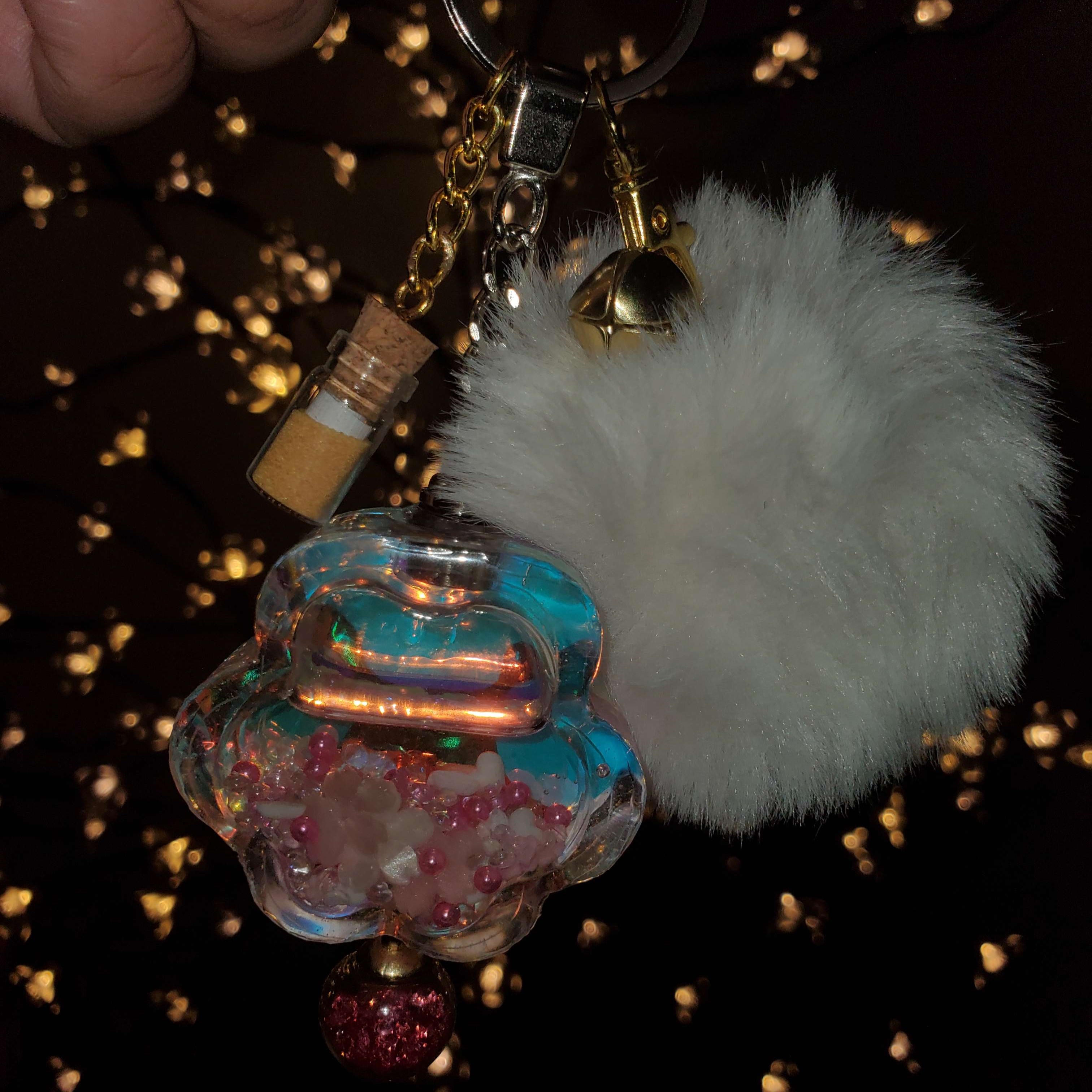 Glossy LED Paw Keychain With Pompom + Jingle Bell + Message In A Bottle + Orb Tassel