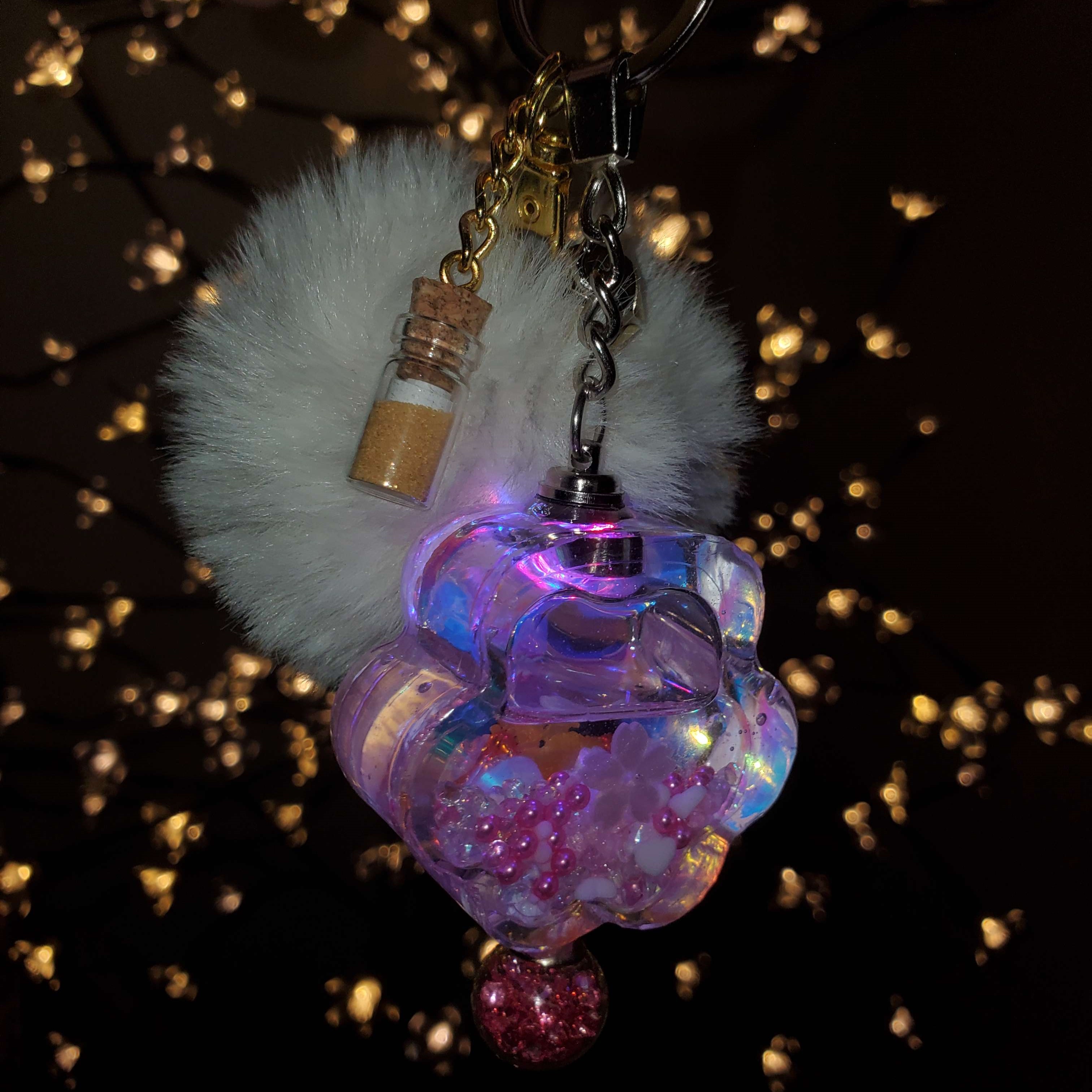 Glossy LED Paw Keychain With Pompom + Jingle Bell + Message In A Bottle + Orb Tassel