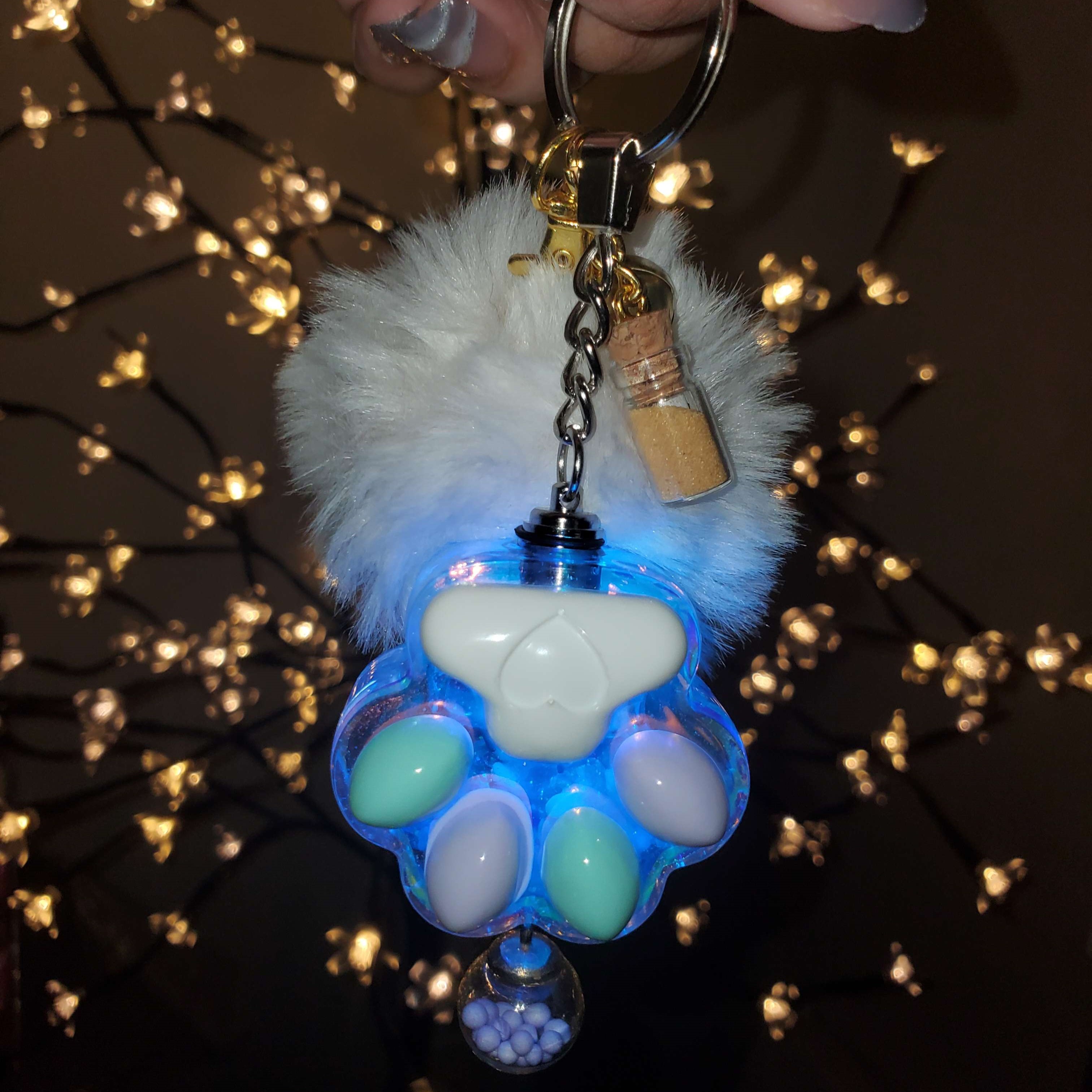 Glossy LED Paw Keychain With Pompom + Jingle Bell + Message In A Bottle + Orb Tassel