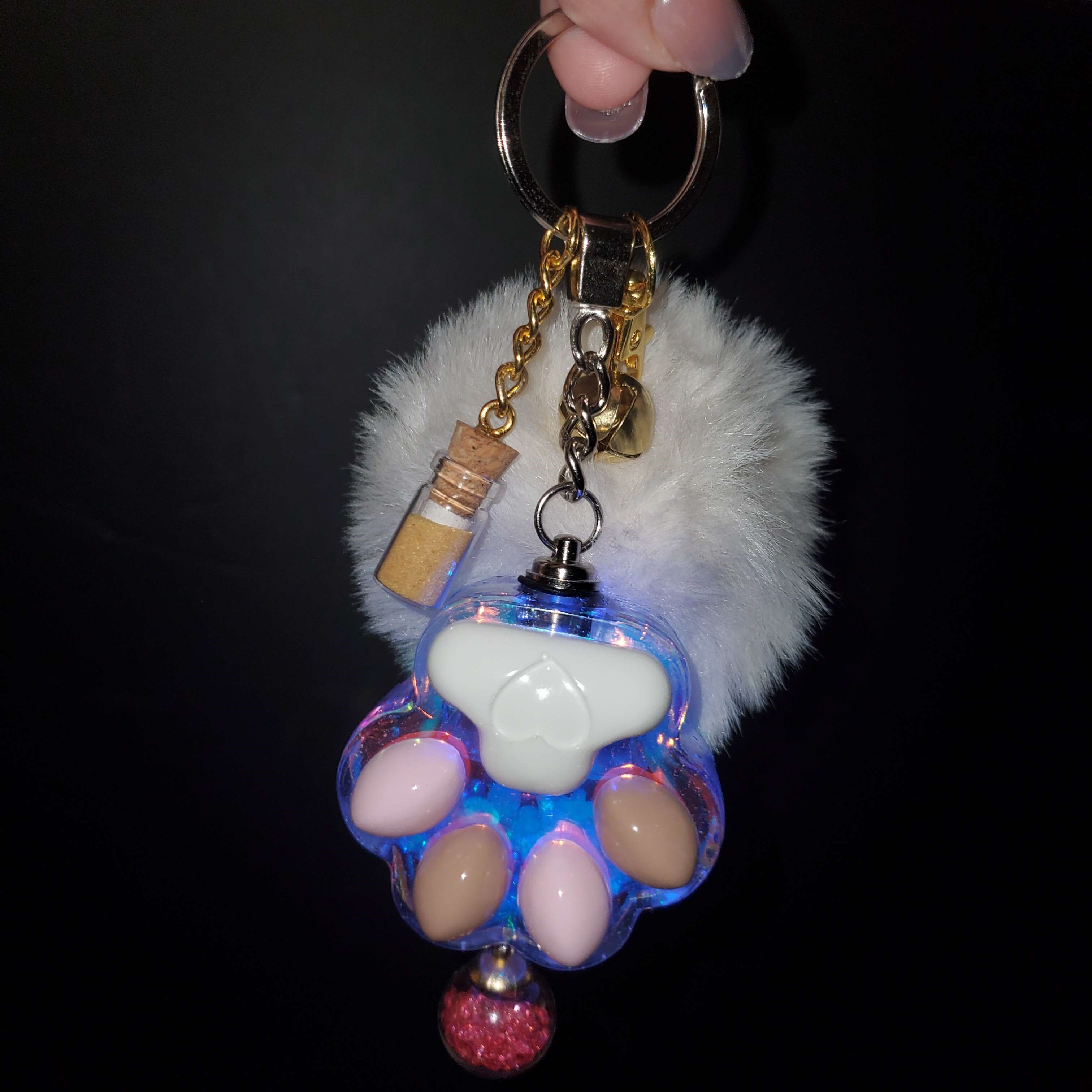 Glossy LED Paw Keychain With Pompom + Jingle Bell + Message In A Bottle + Orb Tassel