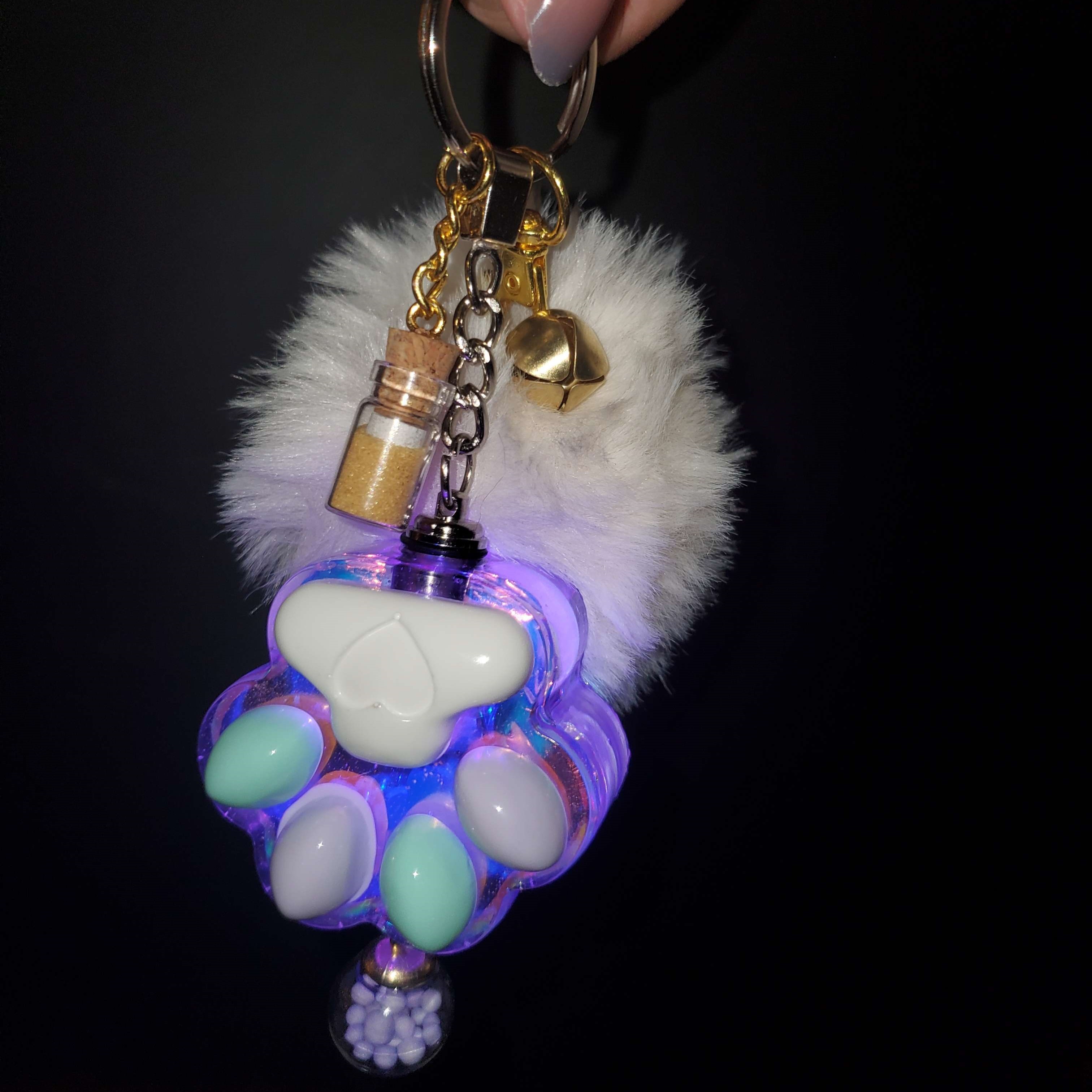 Glossy LED Paw Keychain With Pompom + Jingle Bell + Message In A Bottle + Orb Tassel